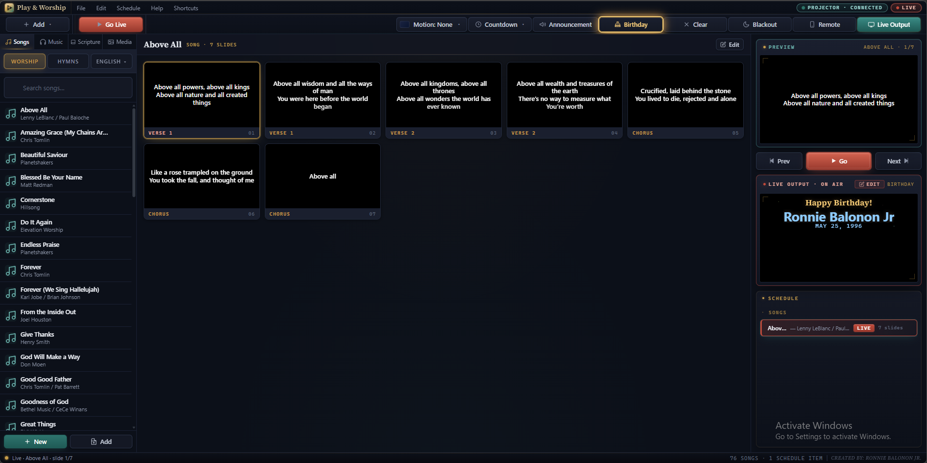 The Play & Worship operator console — File / Edit / Schedule menu bar, toolbar with Go Live and Motion / Countdown / Announcement / Birthday tools, library on the left, slide grid in the middle, preview and live monitors on the right, service schedule at the bottom.